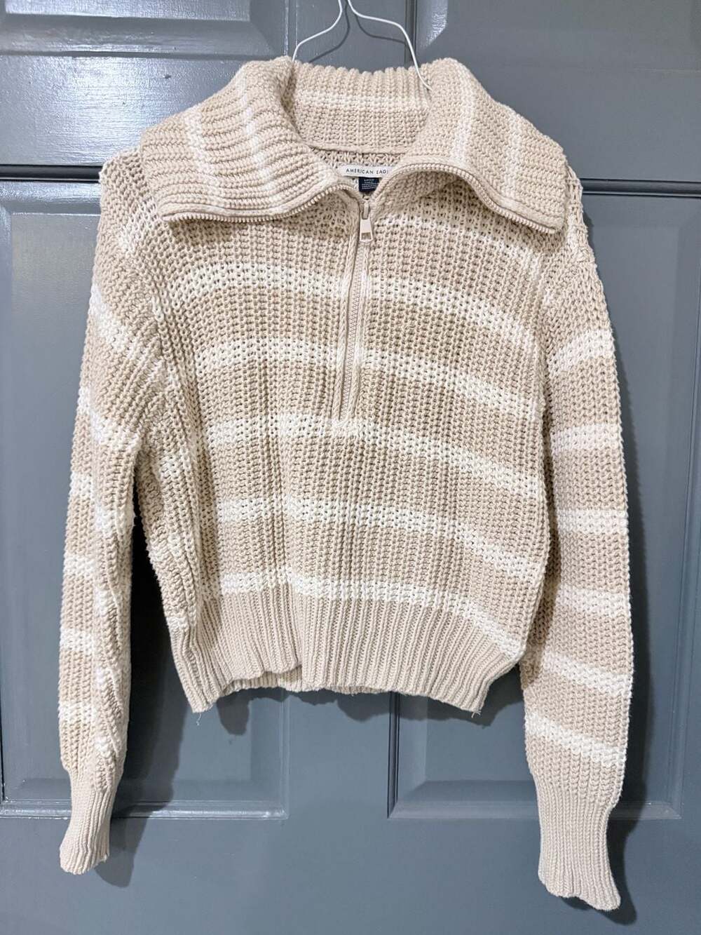 American Eagle Beige and White Striped Knit Quarter-Zip Sweater